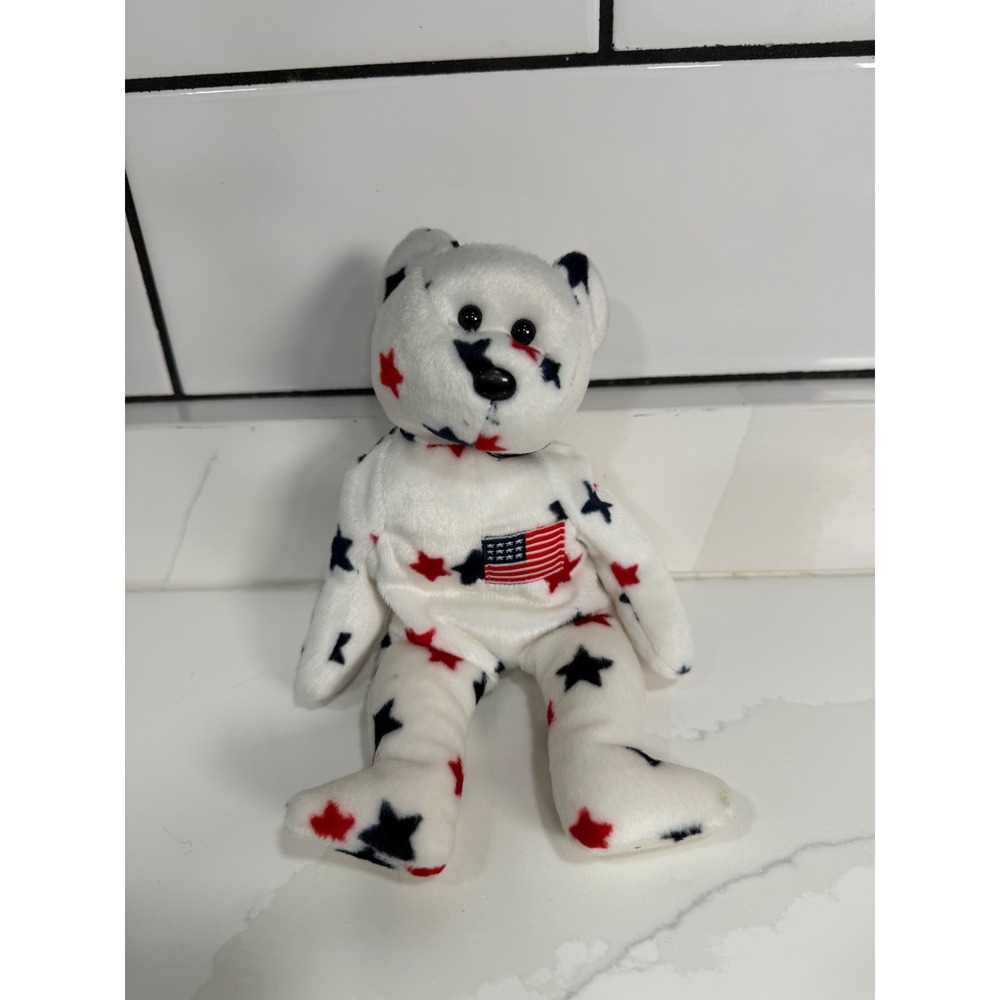 Ty Beanie Baby Glory the Bear Patriotic USA Flag Star Pattern White Plush 1997